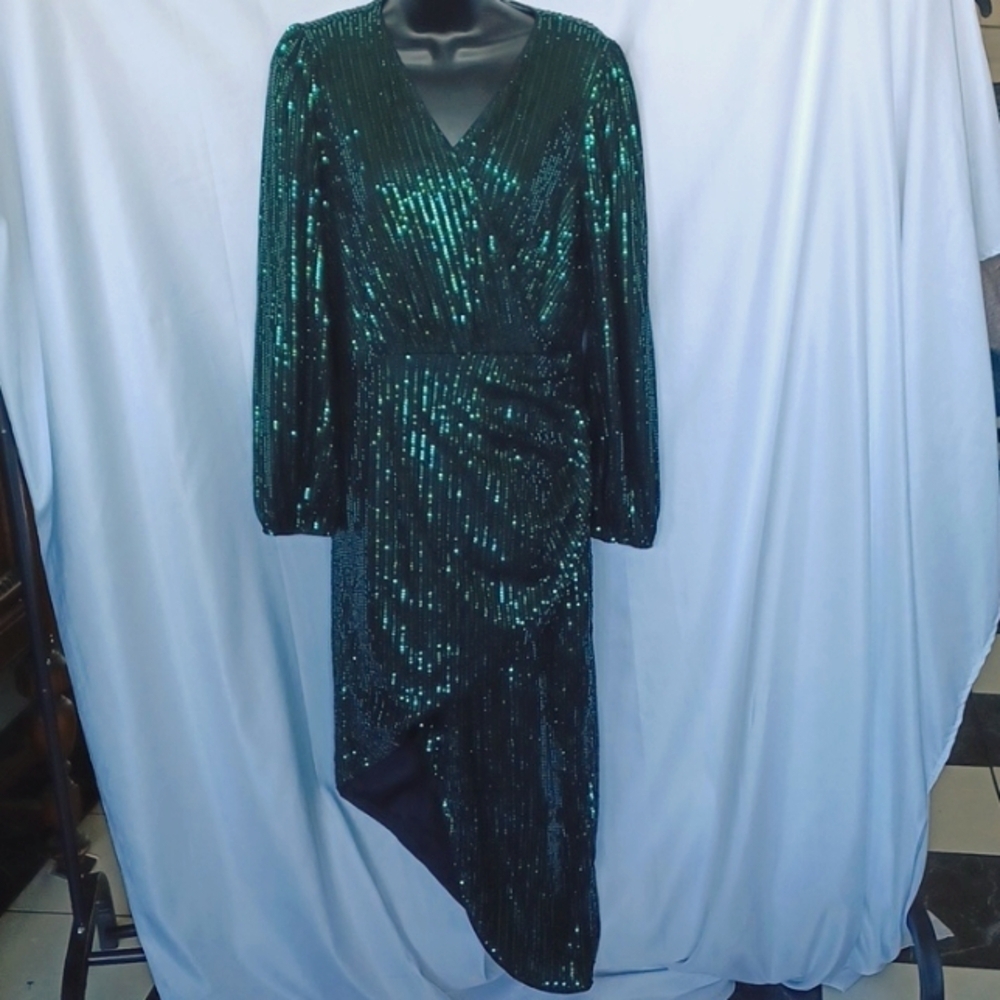 GRACE KARIN Sequin Sparkly Green Cocktail Party Dress, assymetrical hem Medium